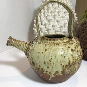 Vintage M. Morse art pottery teapot, Signed unique ceramic speckled textured ceramic teapot with exaggerated handle, Artsy pottery teapot