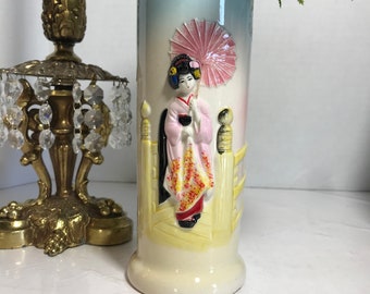 Vintage ceramic Geisha vase, Vintage hand painted embossed 1940s Japanese Geisha cylinder vase, Geisha lady with fan vase, Chinoiserie decor