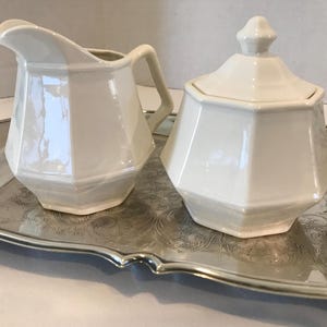 Vintage white ceramic cream and sugar set, Vintage unbranded white porcelain French Country style creamer and covered sugar dish set