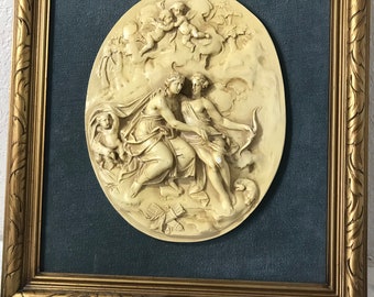 Vintage sculptural relief Art, Hollywood Regency blue velvet relief art, Gold framed wall art, Vtg French Country art, Shabby Chic wall art