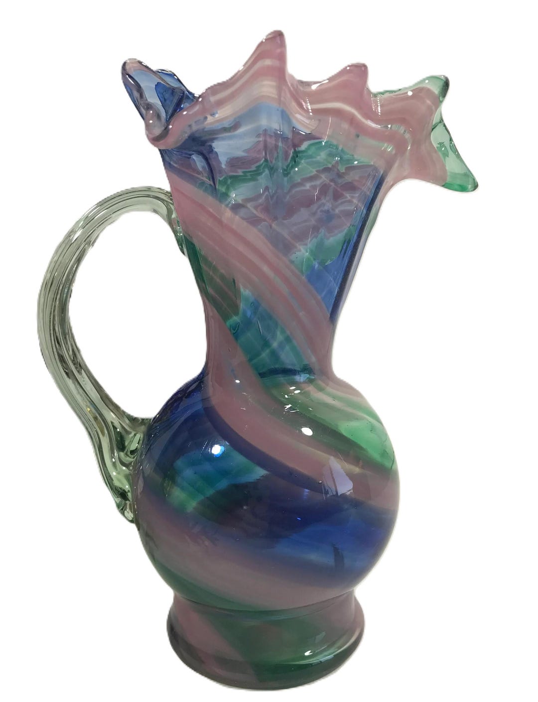 Vintage Colorful Blown Glass Small Pitcher With Fluted Top Rim, Vintage ...
