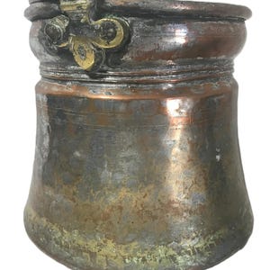 Vintage primitive copper pot kettle, Vtg distressed copper deep pot, unique large copper vessel with brass side detail, Antique copper pot