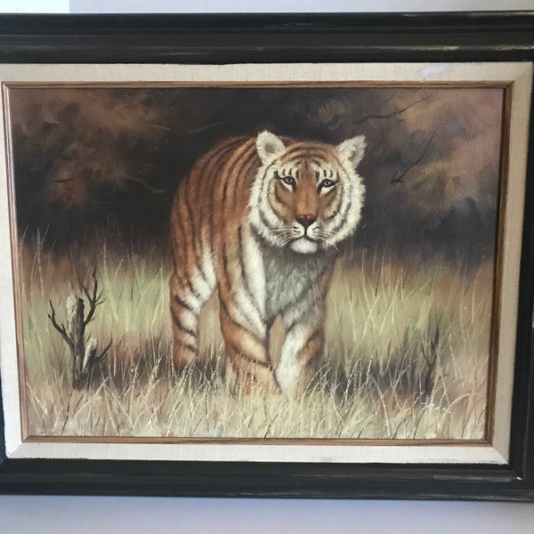 peinture originale vintage de tigre sur toile, signée, peinture à l'huile de tigre vintage signée Rex, cadre noir en bois de peinture de tigre de lion signé par l'artiste