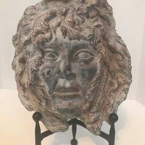 Vintage cement garden wall mask art, Italian goddess wall art, mythical cement wall art, woman face wall art, figural wall decor, garden art