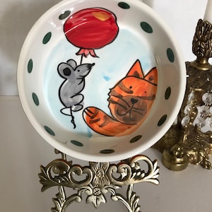 Vintage ceramic cat bowl, Vintage cat and mouse polka dot bowl, Italian ceramic kitty and mouse colorful bowl, whimsical cat bowl, Italy