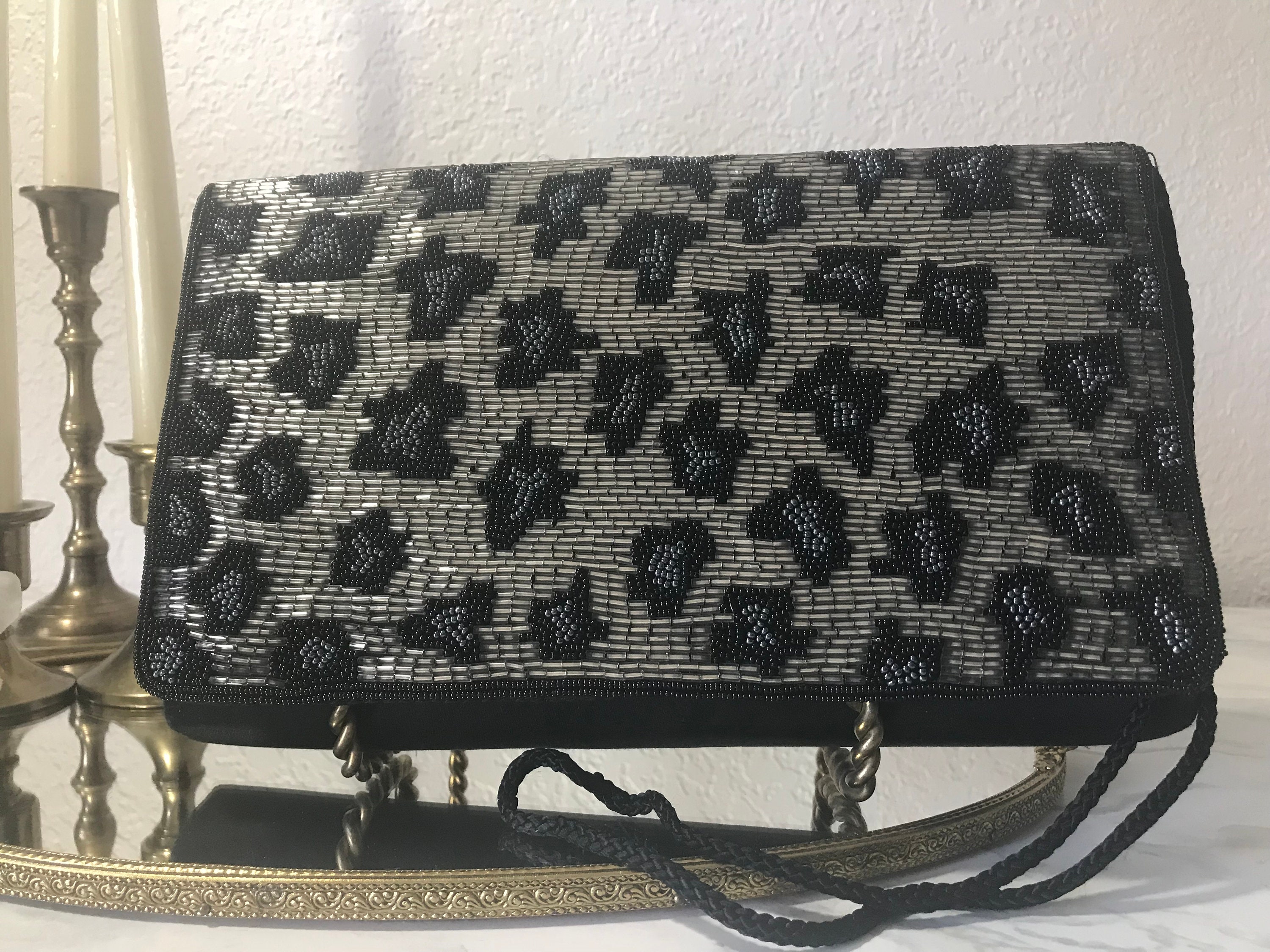 Vintage De Lill Panther Beaded Handbag Purse Clutch Vintage Black