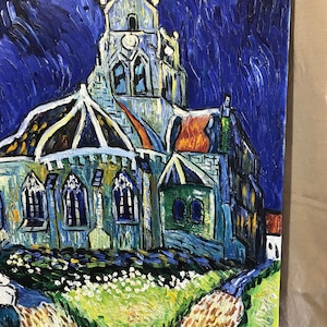 May include: A painting of a church at night with a blue sky and a yellow moon. The church is white with a tall steeple and a pointed roof. The painting is done in a style similar to Vincent van Gogh.