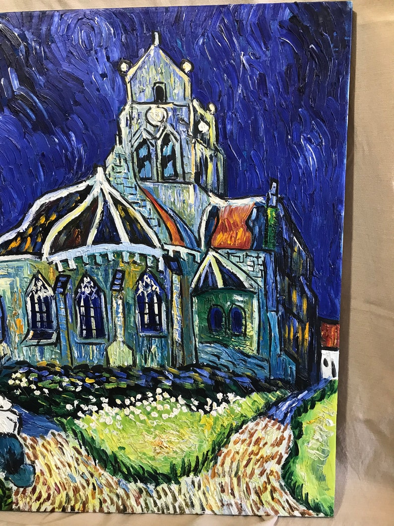 May include: A painting of a church at night with a blue sky and a yellow moon. The church is white with a tall steeple and a pointed roof. The painting is done in a style similar to Vincent van Gogh.