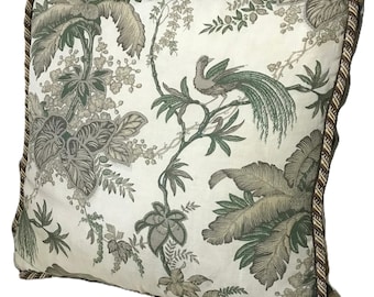 Vintage handmade palm birds pattern linen large pillow 20x20, whimsical green birds, plants and palms print on cream linen decorative pillow