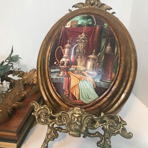 Vintage decoupage oval art, Vintage still life art, Vintage petite still life wall art, gold framed convex dome wall art, framed decoupage.