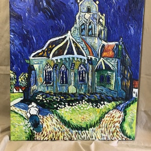 May include: A painting of a church with a tall steeple and a blue sky. The church is painted in a style reminiscent of Vincent van Gogh, with thick brushstrokes and swirling lines. The painting is set against a backdrop of a dark blue sky with swirling clouds.