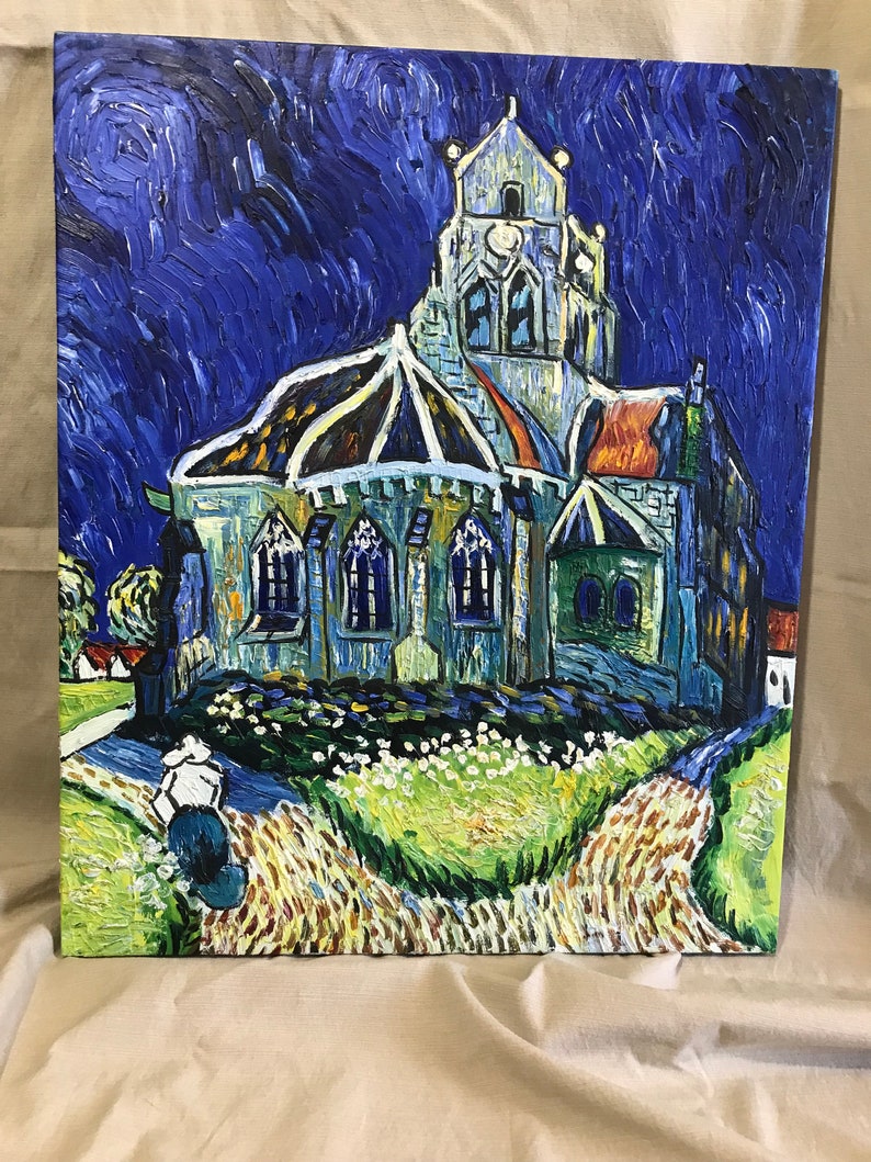 May include: A painting of a church with a tall steeple and a blue sky. The church is painted in a style reminiscent of Vincent van Gogh, with thick brushstrokes and swirling lines. The painting is set against a backdrop of a dark blue sky with swirling clouds.