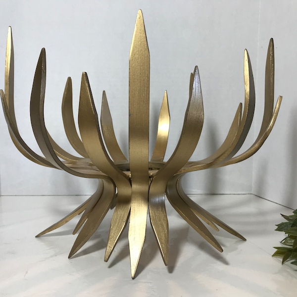 Gold metal spiked sculptural bowl, gold cast metal large open sculptural decor, unique contemporary centerpiece bowl, modern gold spike bowl