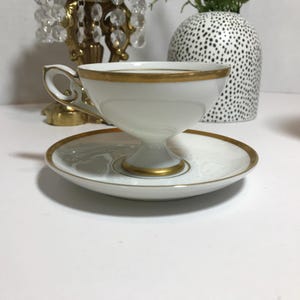 Vintage Japanese hand painted porcelain cup and saucer, white and gold Japanese teacup and saucer, Elegant Chinoiserie white teacup saucer