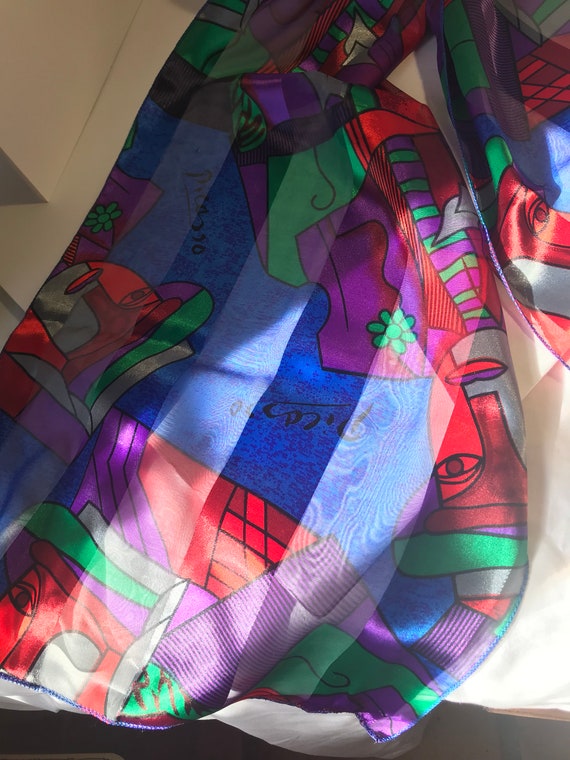 Vintage Picasso print silk 60x14 scarf, Vintage a… - image 7