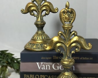 Vintage cast iron bookends, vintage gold painted cast iron bookends, Unique cast iron finial style bookends, Victorian style bookends.
