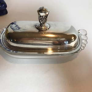 Vintage Art Deco style silver and pressed glass butter dish, Vintage silverplate covered butter dish, Vintage elegant Art Deco butter dish
