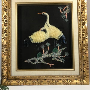 Vintage svankonst, VTG blandteknik väggkonst, Vintage asiatisk snäckskal väggkonst, VTG inramad konst med fågelsvansnäcka, Vintage Chinoiserie väggkonst