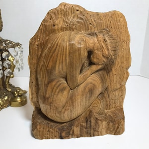 Vintage carved raw wood woman sculpture, Vintage wooden hand carved seated woman sculpture, Vintage carved natural wood woman wall sculpture
