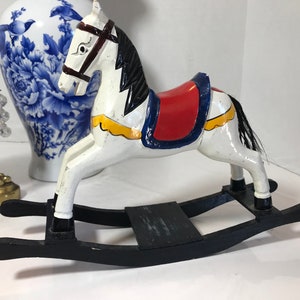 Vintage rocking horse wood statue, Vtg hand painted horse figurine, wooden horse bookshelf decor, vintage baby room decor, horse home decor