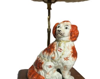 Antique Staffordshire Spaniel Dog Lamp on Wood Base, English Porcelain King Charles Spaniel Table Lamp, Vintage Swing Arm Dog Figurine Lamp