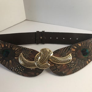 小物 Peacock Feather belt vintage 80s Vintage 80s Genuine Peacock Feather and Brown Leather Belt