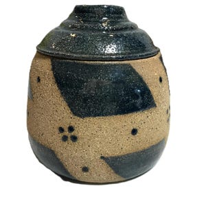 Vintage art pottery ceramic covered dish, signed, signed art pottery covered trinket dish, ceramic lidded pot, Unique studio pottery jar