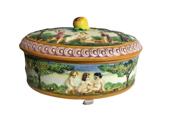 Plato de baratijas de cerámica pintado a mano de Italia vintage, caja de baratijas de querubín colorido de cerámica estilo mayólica italiana vintage, caja de baratijas única