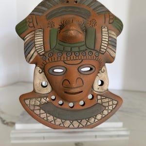 Vintage terracotta wall mask, hand-painted red clay pottery face, artisan Mexico wall decor in Mayan-style design image 12