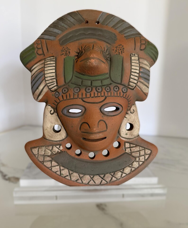 Vintage terracotta wall mask, hand-painted red clay pottery face, artisan Mexico wall decor in Mayan-style design image 12