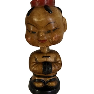 Vintage Japanese Bobble Head Figurine, Hand Painted Wooden Nodding Doll, Mid Century Asian Decor 6.5"