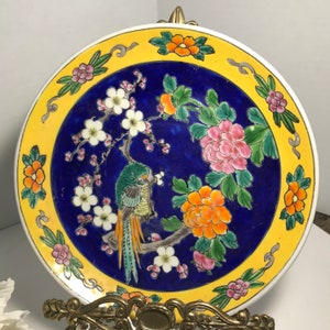 Vintage Japanese hand painted Meiji Yamatoku style plate parrot and floral design blue and yellow background, Japan cherry blossom
