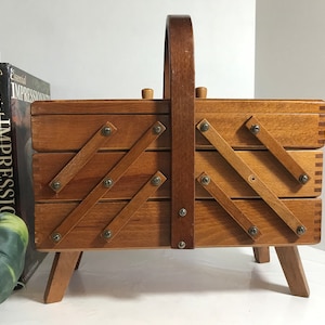 Vintage rustic wood box, Vintage wooden Romanian made box, wood expanding sewing/craft box, Wood box with handle, Wood decorative box