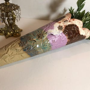 Unique ceramic wall planter pocket, signed, colorful handmade ceramic ruffle edge narrow 19&quot; wall planter, ceramic wall vase planter