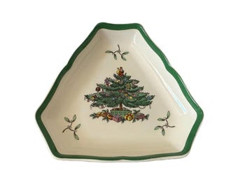 Piatto vintage a forma di albero di Natale Spode, portaoggetti o portacaramelle a forma di triangolo, classica porcellana natalizia con bordo verde, Spode England