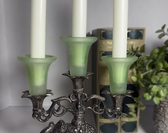 Vintage Ornate Elephant Candelabra Pewter Tone Metal & Green Frosted Glass Candle Holder