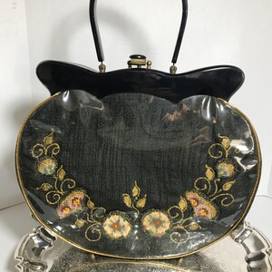 Vintage 1960s Claire Fashions acrylic framed needlepoint floral handbag purse, Vintage purse museum Flowers under Glass (Fug) purse handbag