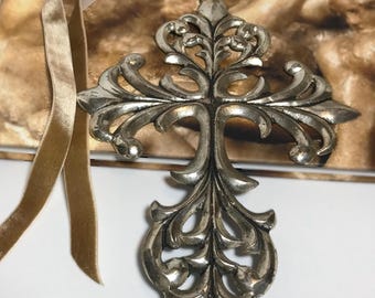 Vintage Victorian style pewter 10.5" cross, Vintage silver toned ornate cross, Vintage pewter religious cross wall decor