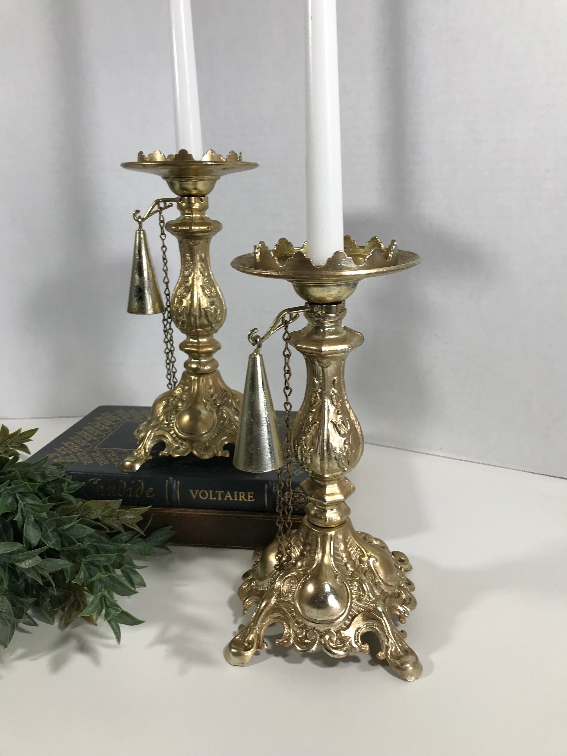 Vintage Gold Ornate Candleholder With Snuffer, Vintage Ornate Gold