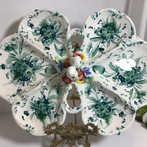 Vintage Italian majolica green and white cherub divided serving platter, Vintage Italian ceramic elegant platter with cherub center detail