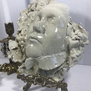 Vintage ceramic face sculpture,  Vtg 3 dimensional sculpture of male or female face, ceramic face sculpture mold emerging out of clay