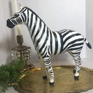 Vintage leather wrapped statue, Vtg distressed leather zebra statue, leather zebra large statue, whimsical zebra figurine, zebra decor