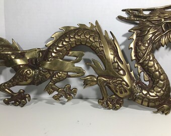 Vintage Brass Dragon Wall Art, Mid Century Brass Dragon Wall