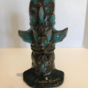 Vintage glazed ceramic Totem Pole small statue, Vintage blue ceramic signed Totem Pole Prince Rupert statue, ceramic blue glazed totem pole