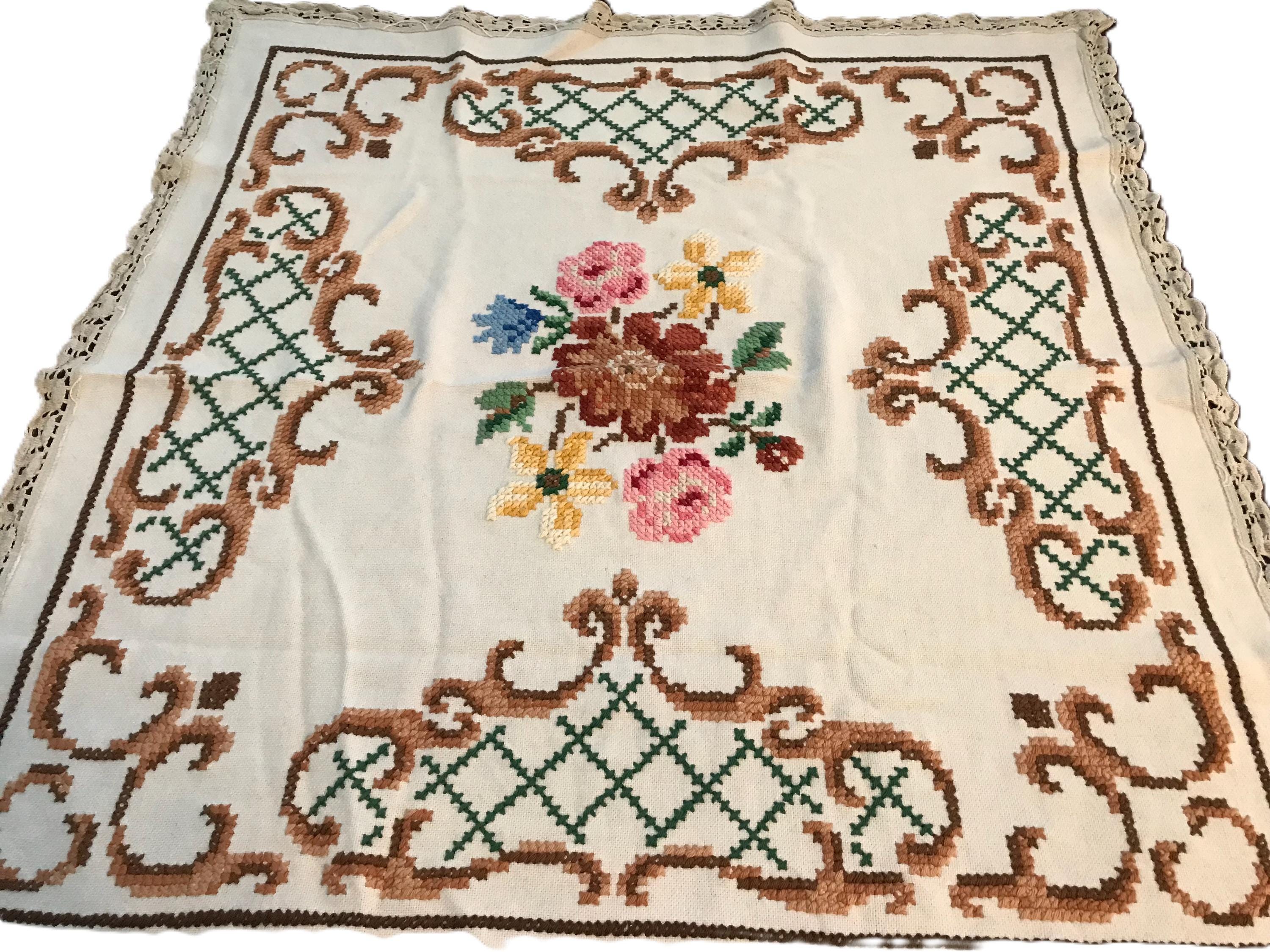 ヴィンテージホワイト刺繍クロスステッチハンドメイドテーブルクロス