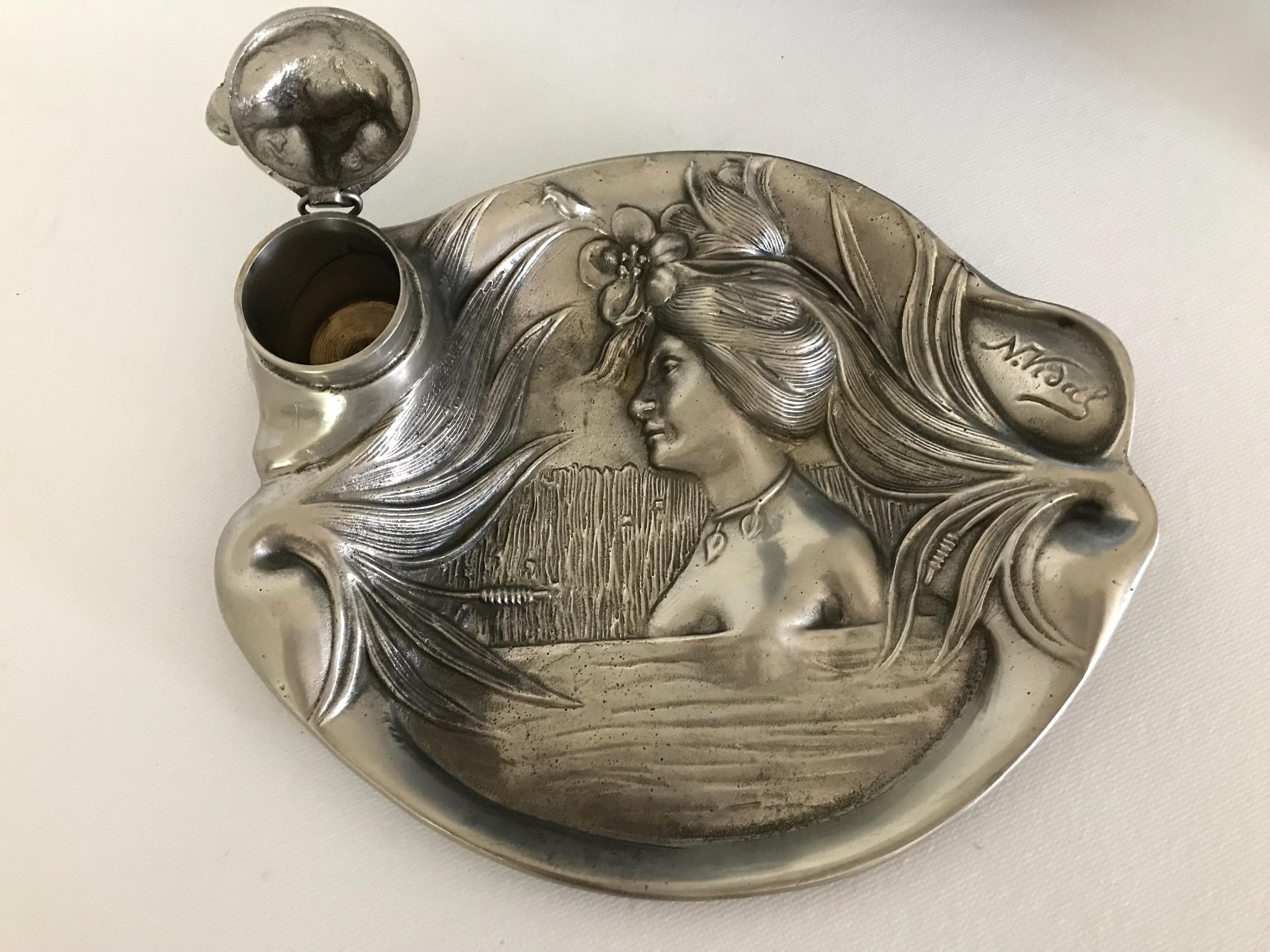 Vintage Nicolas Vidal Art Nouveau Style Pewter Inkwell Trinket