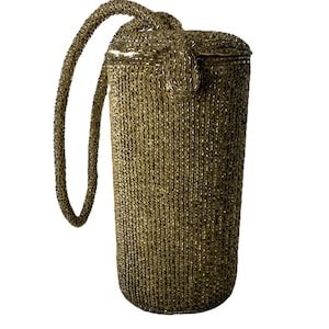 ヴィンテージゴールドビーズシリンダーリストレットイブニングバッグ、内側にミラーが付いたプチビーズフォーマルハンドバッグ