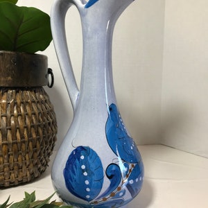 Tonala art pottery pitcher vase hand painted florals and bird, blue Tonala art pottery vase pitcher, glazed and hand painted Tonala pottery