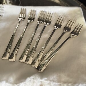 May include: A set of seven silver-toned metal forks arranged in a row. Each fork features a long, slender handle with vertical ribbed detailing and a decorative, smooth, rounded base. The tines are polished and reflective, showing a classic design.
