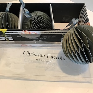 Vintage Christian Lacroix paper ornaments, Christian Lacroix Maison folded paper round ornaments, Christian Lacroix Christmas ornaments